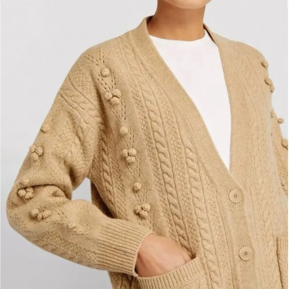 Sandro Ingrid Pom-Pom Cardigan MEDIUM Tan Cable-knit Sweater Pockets VGC - Picture 1 of 14